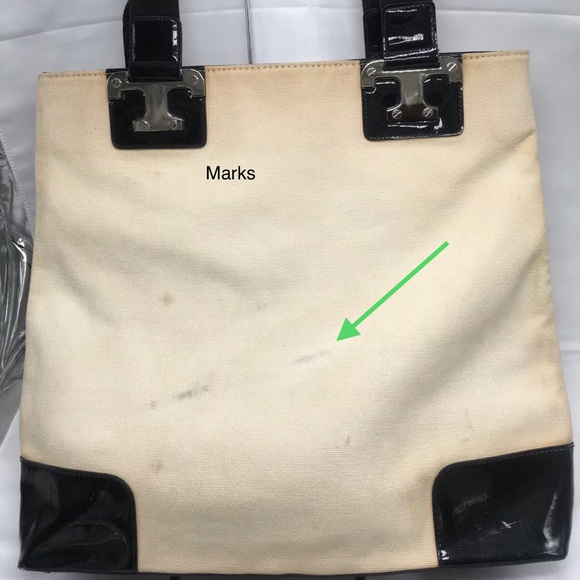 Tory Burch Natural Canvas Tote Shopper Bag Black Patent Leather ✅Offers Welcome - Picture 4 of 11